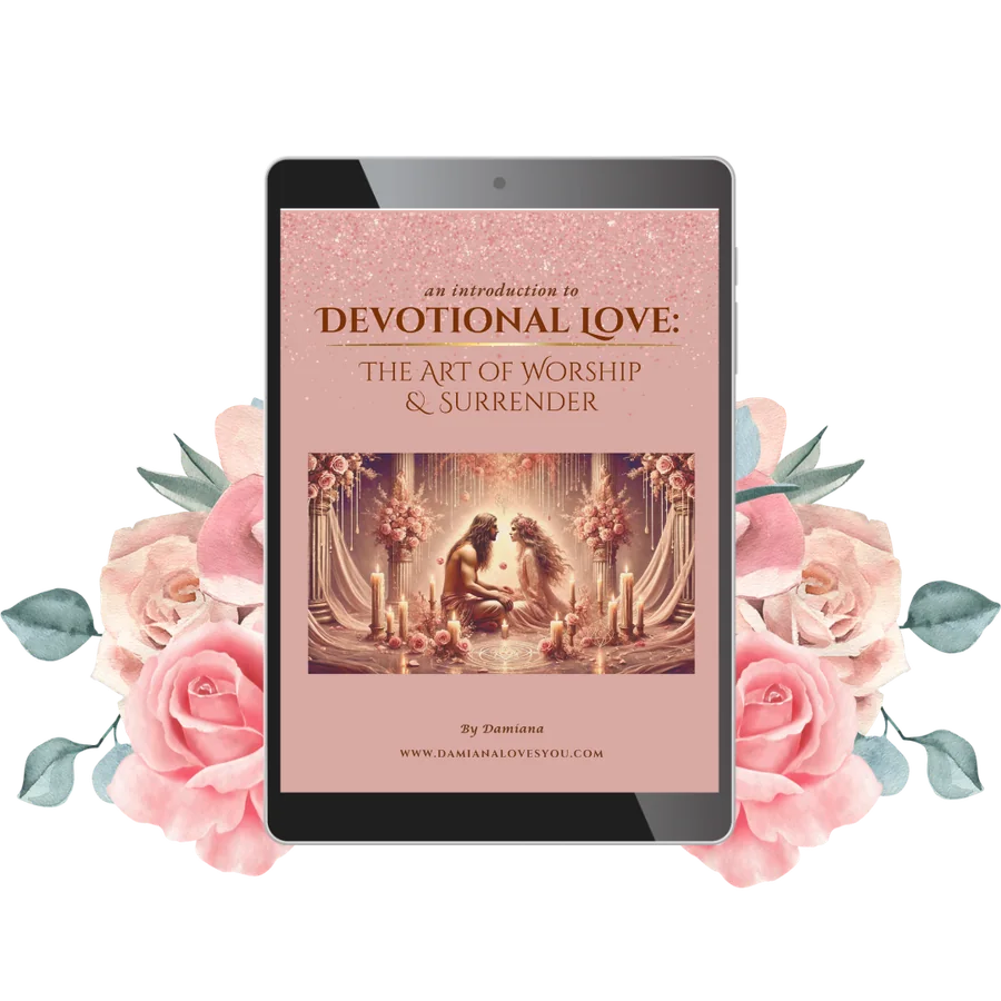 The Devotional Love eBook on a tablet, framed by pink roses
