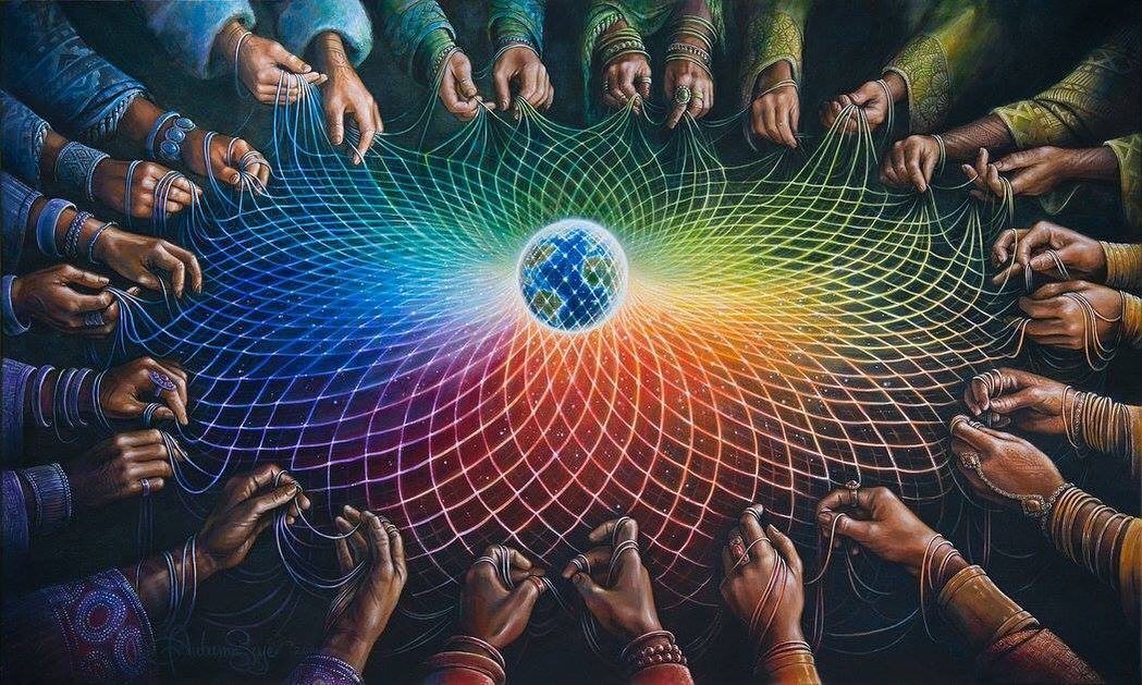 Many hands weaving a glowing rainbow web around the Earth