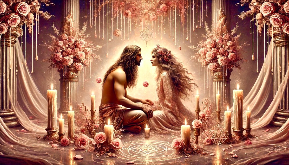 Painting of two lovers facing each other in a candlelit rose temple
